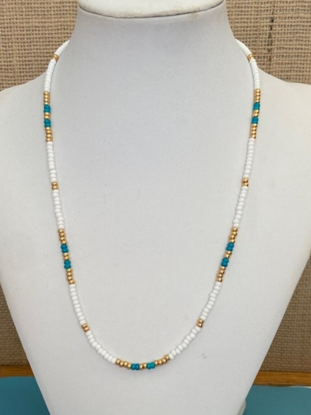 White Turquoise Gold Seed Bead Necklace" - Handmade Boho Beach Jewelry